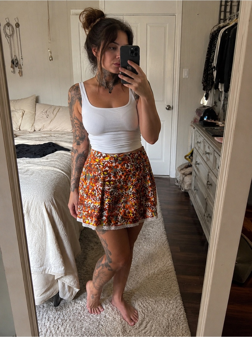 Tulle Orange Floral Lace-Trim Skater Skirt